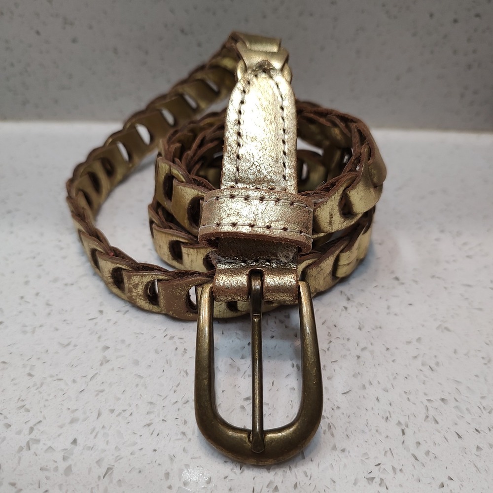 Metallic Gold Genuine Leather Braided Belt Size Small Vintage Castle Core Dainty